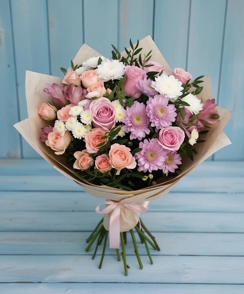 Букет цветов из: Хризантемы, Розы и Альстромерии в Левково