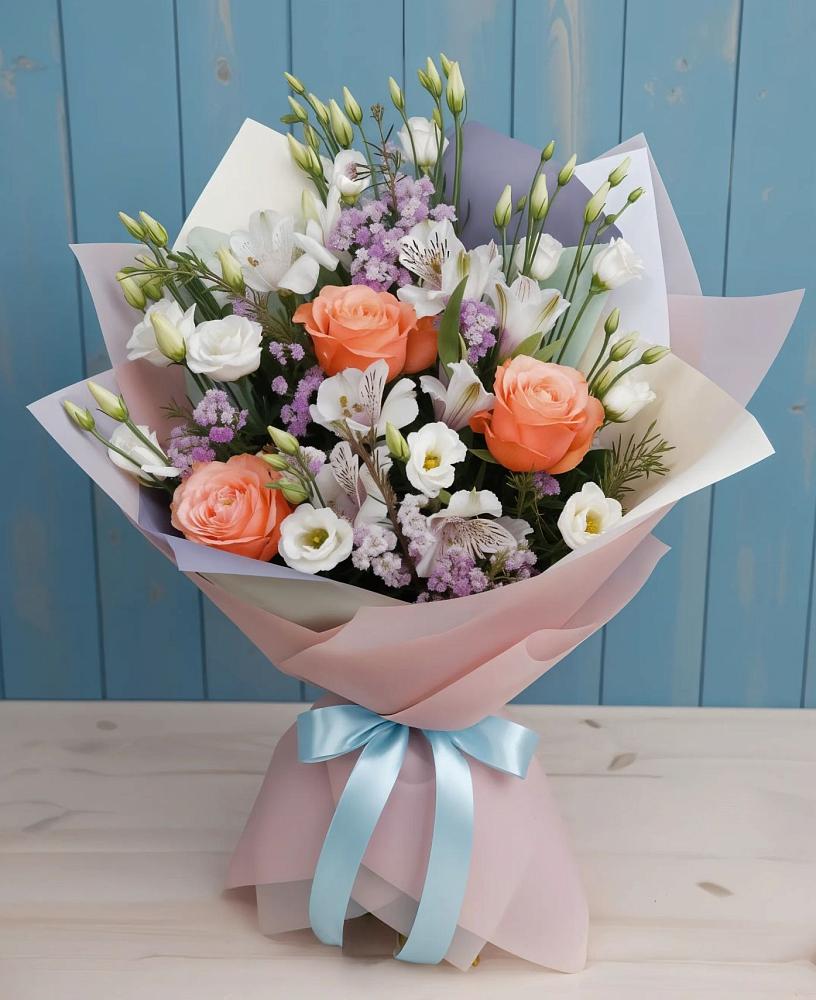 Букет цветов из: Лизиантусы, Розы, Альстромерии и Гипсофила в Левково