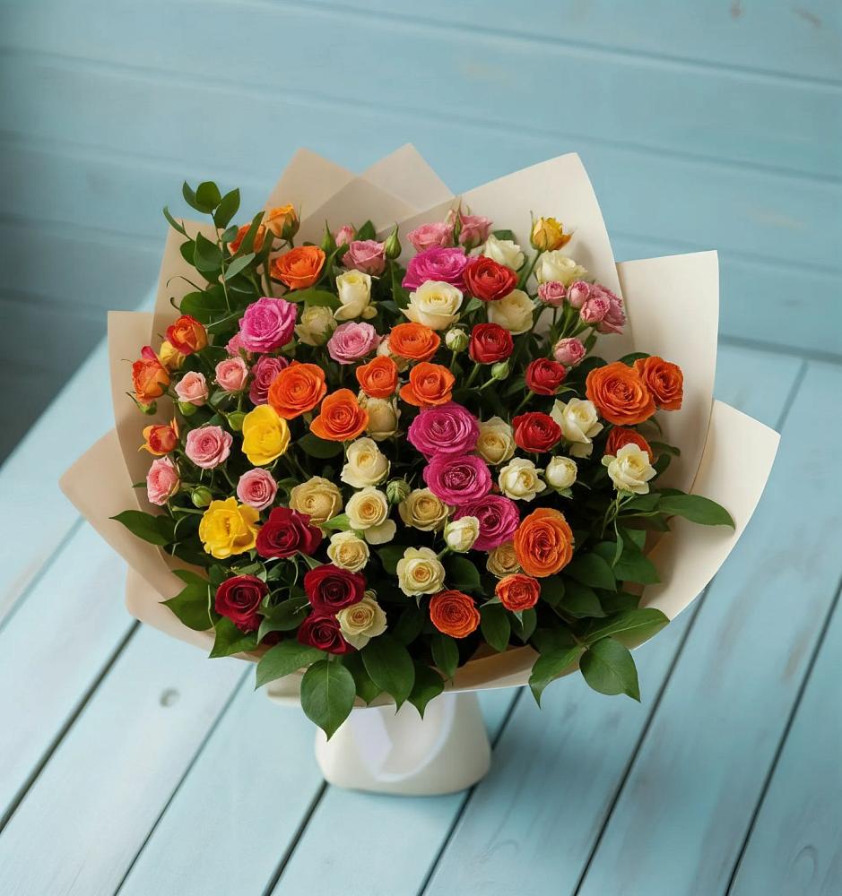 Букет Микс из разноцветных кустовых роз в Левково
