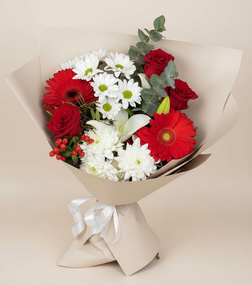 Букет цветов из: Розы, Хризантемы, Герберы и Лилии в Левково